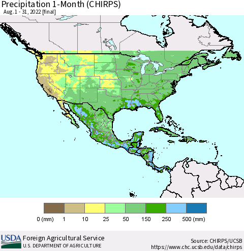 North America Precipitation 1-Month (CHIRPS) Thematic Map For 8/1/2022 - 8/31/2022