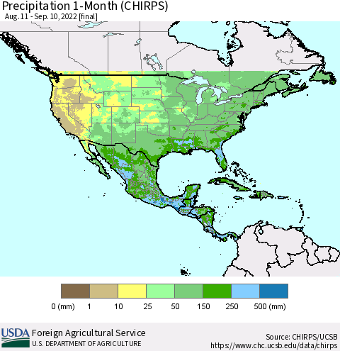 North America Precipitation 1-Month (CHIRPS) Thematic Map For 8/11/2022 - 9/10/2022
