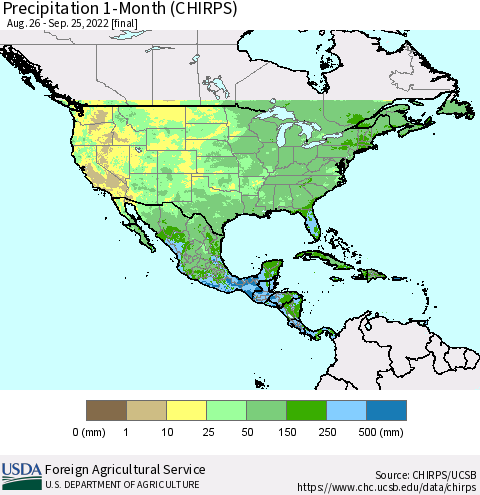 North America Precipitation 1-Month (CHIRPS) Thematic Map For 8/26/2022 - 9/25/2022