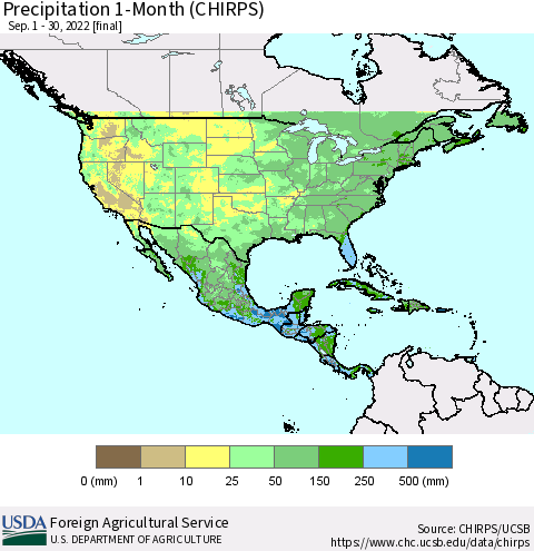 North America Precipitation 1-Month (CHIRPS) Thematic Map For 9/1/2022 - 9/30/2022