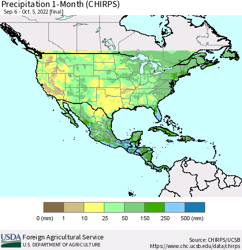 North America Precipitation 1-Month (CHIRPS) Thematic Map For 9/6/2022 - 10/5/2022
