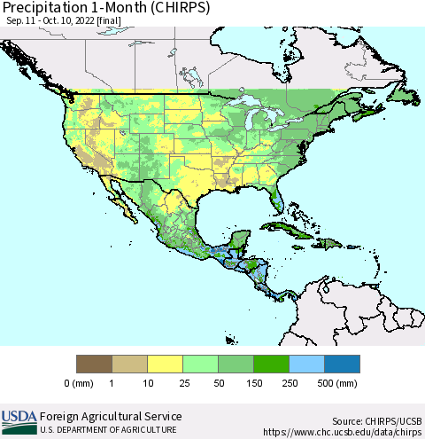 North America Precipitation 1-Month (CHIRPS) Thematic Map For 9/11/2022 - 10/10/2022