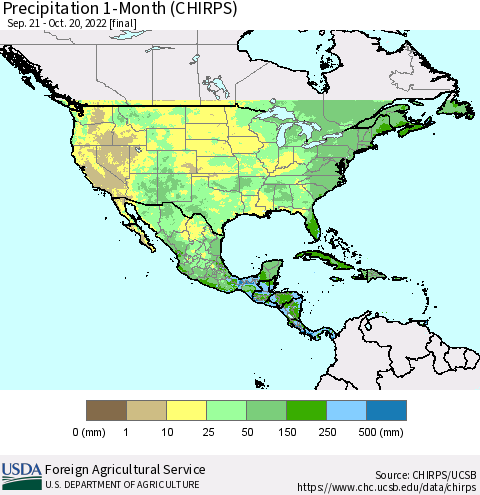 North America Precipitation 1-Month (CHIRPS) Thematic Map For 9/21/2022 - 10/20/2022