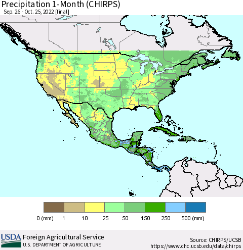 North America Precipitation 1-Month (CHIRPS) Thematic Map For 9/26/2022 - 10/25/2022