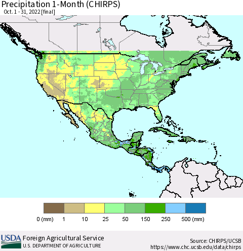 North America Precipitation 1-Month (CHIRPS) Thematic Map For 10/1/2022 - 10/31/2022