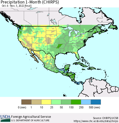North America Precipitation 1-Month (CHIRPS) Thematic Map For 10/6/2022 - 11/5/2022