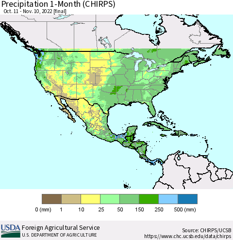 North America Precipitation 1-Month (CHIRPS) Thematic Map For 10/11/2022 - 11/10/2022