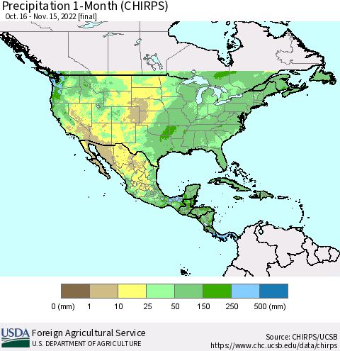 North America Precipitation 1-Month (CHIRPS) Thematic Map For 10/16/2022 - 11/15/2022