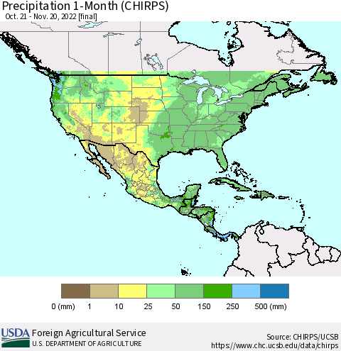 North America Precipitation 1-Month (CHIRPS) Thematic Map For 10/21/2022 - 11/20/2022