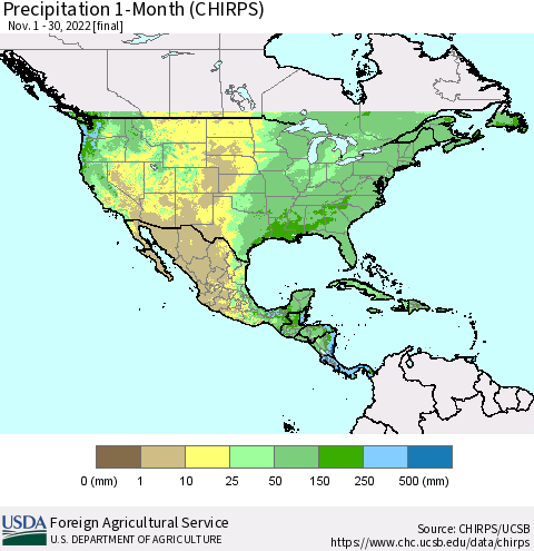 North America Precipitation 1-Month (CHIRPS) Thematic Map For 11/1/2022 - 11/30/2022