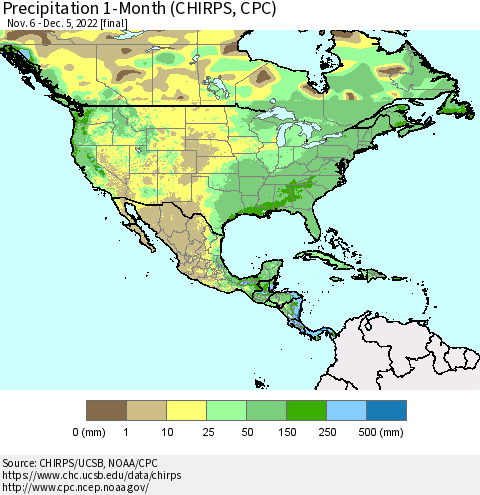 North America Precipitation 1-Month (CHIRPS) Thematic Map For 11/6/2022 - 12/5/2022
