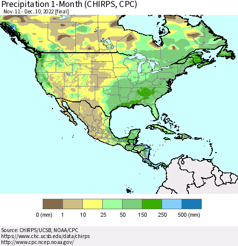 North America Precipitation 1-Month (CHIRPS) Thematic Map For 11/11/2022 - 12/10/2022