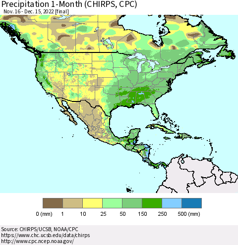 North America Precipitation 1-Month (CHIRPS) Thematic Map For 11/16/2022 - 12/15/2022