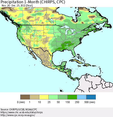 North America Precipitation 1-Month (CHIRPS) Thematic Map For 11/26/2022 - 12/25/2022