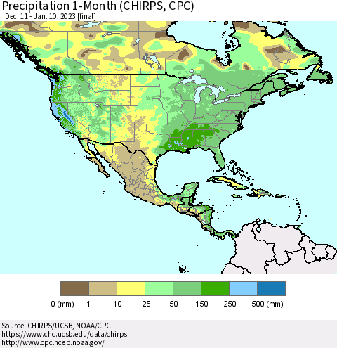 North America Precipitation 1-Month (CHIRPS) Thematic Map For 12/11/2022 - 1/10/2023