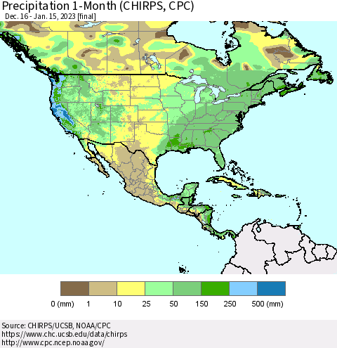 North America Precipitation 1-Month (CHIRPS) Thematic Map For 12/16/2022 - 1/15/2023