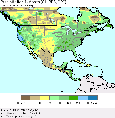 North America Precipitation 1-Month (CHIRPS) Thematic Map For 12/21/2022 - 1/20/2023
