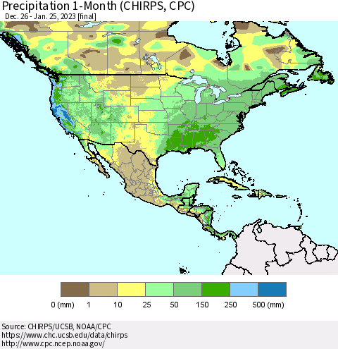 North America Precipitation 1-Month (CHIRPS) Thematic Map For 12/26/2022 - 1/25/2023