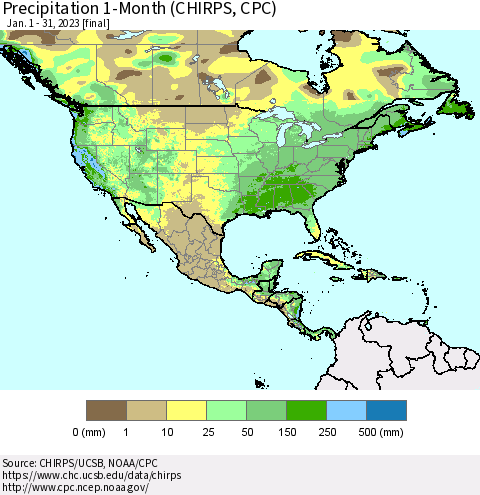 North America Precipitation 1-Month (CHIRPS) Thematic Map For 1/1/2023 - 1/31/2023
