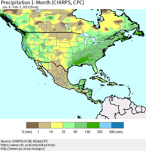 North America Precipitation 1-Month (CHIRPS) Thematic Map For 1/6/2023 - 2/5/2023