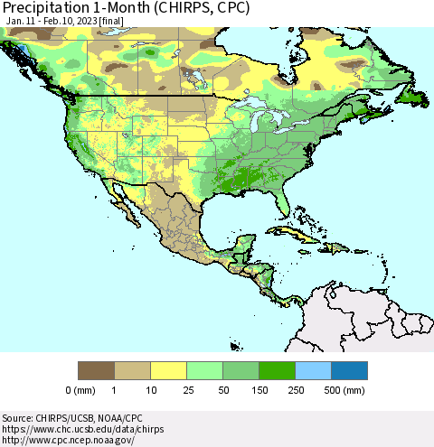 North America Precipitation 1-Month (CHIRPS) Thematic Map For 1/11/2023 - 2/10/2023