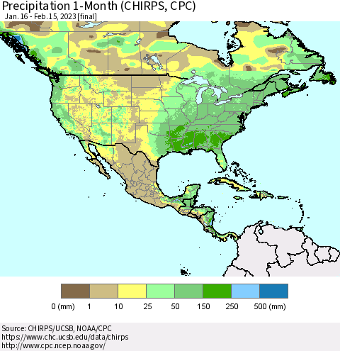 North America Precipitation 1-Month (CHIRPS) Thematic Map For 1/16/2023 - 2/15/2023
