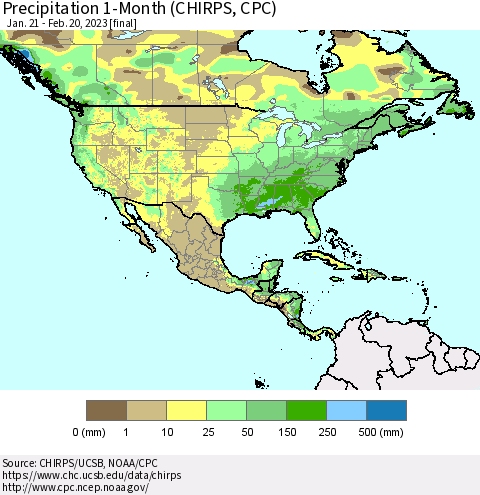North America Precipitation 1-Month (CHIRPS) Thematic Map For 1/21/2023 - 2/20/2023