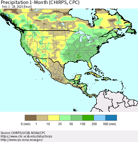 North America Precipitation 1-Month (CHIRPS) Thematic Map For 2/1/2023 - 2/28/2023