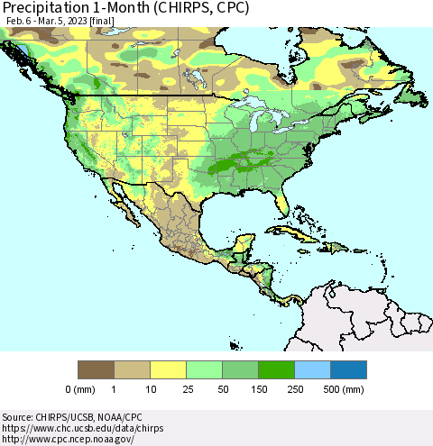 North America Precipitation 1-Month (CHIRPS) Thematic Map For 2/6/2023 - 3/5/2023