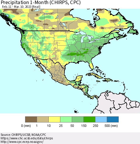 North America Precipitation 1-Month (CHIRPS) Thematic Map For 2/11/2023 - 3/10/2023