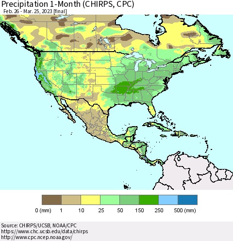 North America Precipitation 1-Month (CHIRPS) Thematic Map For 2/26/2023 - 3/25/2023