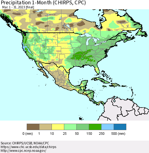 North America Precipitation 1-Month (CHIRPS) Thematic Map For 3/1/2023 - 3/31/2023