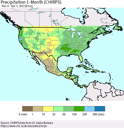 North America Precipitation 1-Month (CHIRPS) Thematic Map For 3/6/2023 - 4/5/2023