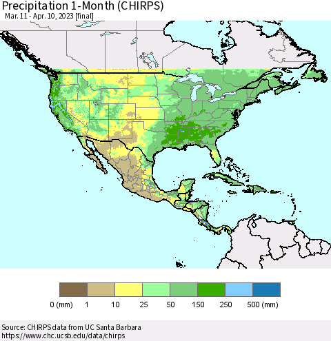 North America Precipitation 1-Month (CHIRPS) Thematic Map For 3/11/2023 - 4/10/2023