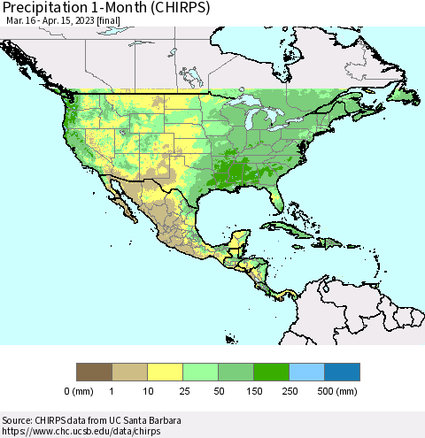 North America Precipitation 1-Month (CHIRPS) Thematic Map For 3/16/2023 - 4/15/2023
