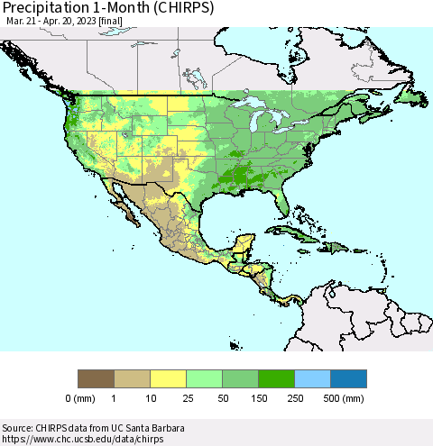 North America Precipitation 1-Month (CHIRPS) Thematic Map For 3/21/2023 - 4/20/2023