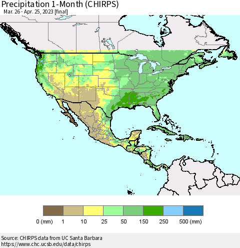 North America Precipitation 1-Month (CHIRPS) Thematic Map For 3/26/2023 - 4/25/2023