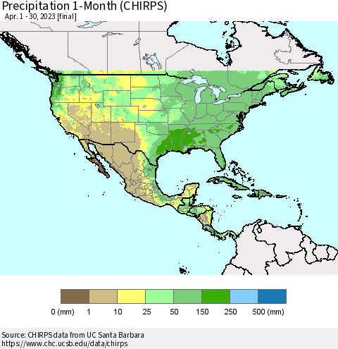 North America Precipitation 1-Month (CHIRPS) Thematic Map For 4/1/2023 - 4/30/2023