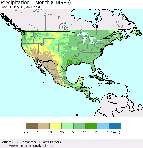 North America Precipitation 1-Month (CHIRPS) Thematic Map For 4/11/2023 - 5/10/2023