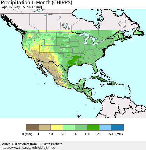 North America Precipitation 1-Month (CHIRPS) Thematic Map For 4/16/2023 - 5/15/2023