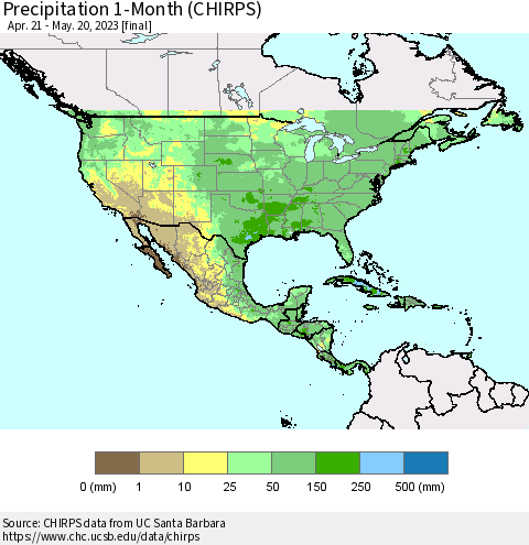 North America Precipitation 1-Month (CHIRPS) Thematic Map For 4/21/2023 - 5/20/2023