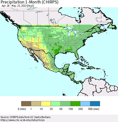 North America Precipitation 1-Month (CHIRPS) Thematic Map For 4/26/2023 - 5/25/2023