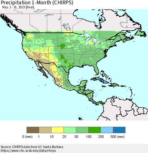 North America Precipitation 1-Month (CHIRPS) Thematic Map For 5/1/2023 - 5/31/2023
