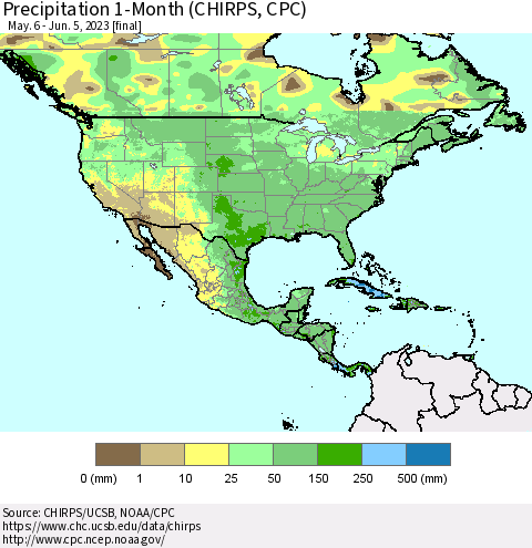 North America Precipitation 1-Month (CHIRPS) Thematic Map For 5/6/2023 - 6/5/2023