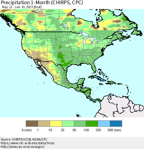 North America Precipitation 1-Month (CHIRPS) Thematic Map For 5/11/2023 - 6/10/2023