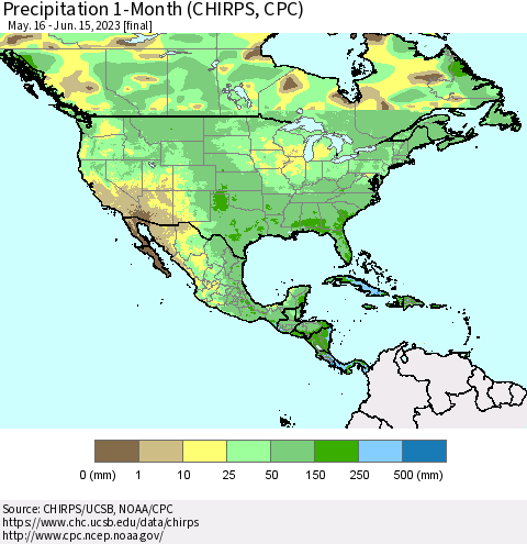 North America Precipitation 1-Month (CHIRPS) Thematic Map For 5/16/2023 - 6/15/2023