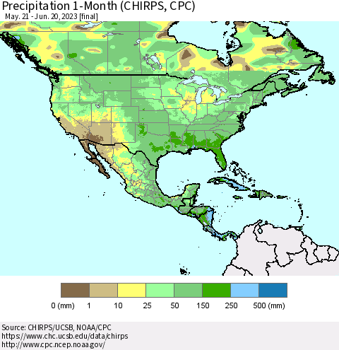 North America Precipitation 1-Month (CHIRPS) Thematic Map For 5/21/2023 - 6/20/2023