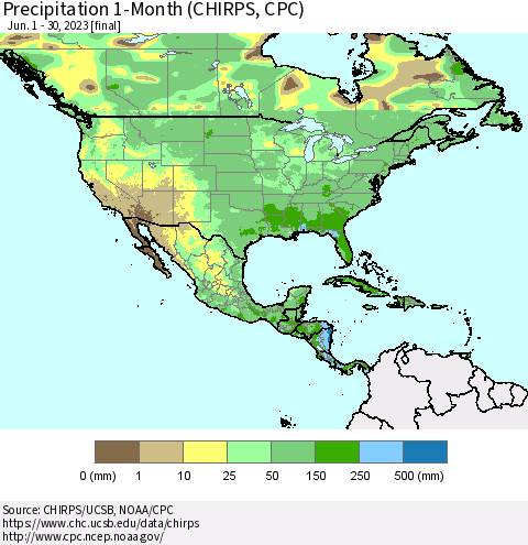 North America Precipitation 1-Month (CHIRPS) Thematic Map For 6/1/2023 - 6/30/2023