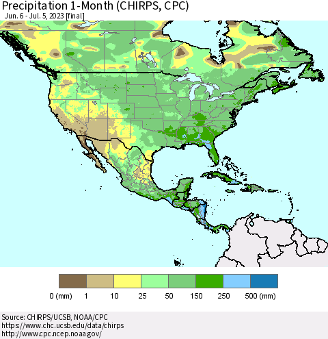 North America Precipitation 1-Month (CHIRPS) Thematic Map For 6/6/2023 - 7/5/2023