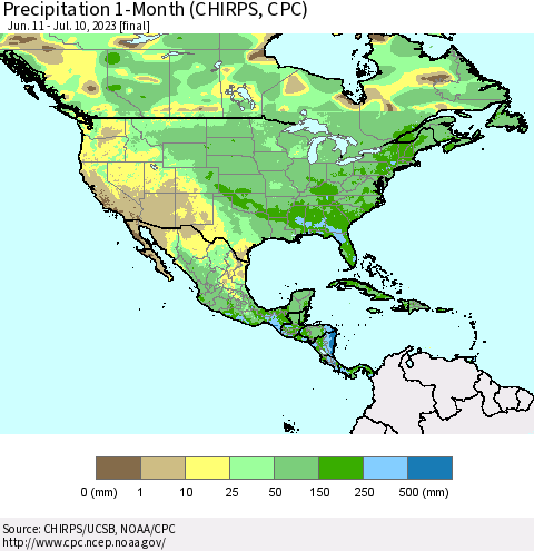 North America Precipitation 1-Month (CHIRPS) Thematic Map For 6/11/2023 - 7/10/2023
